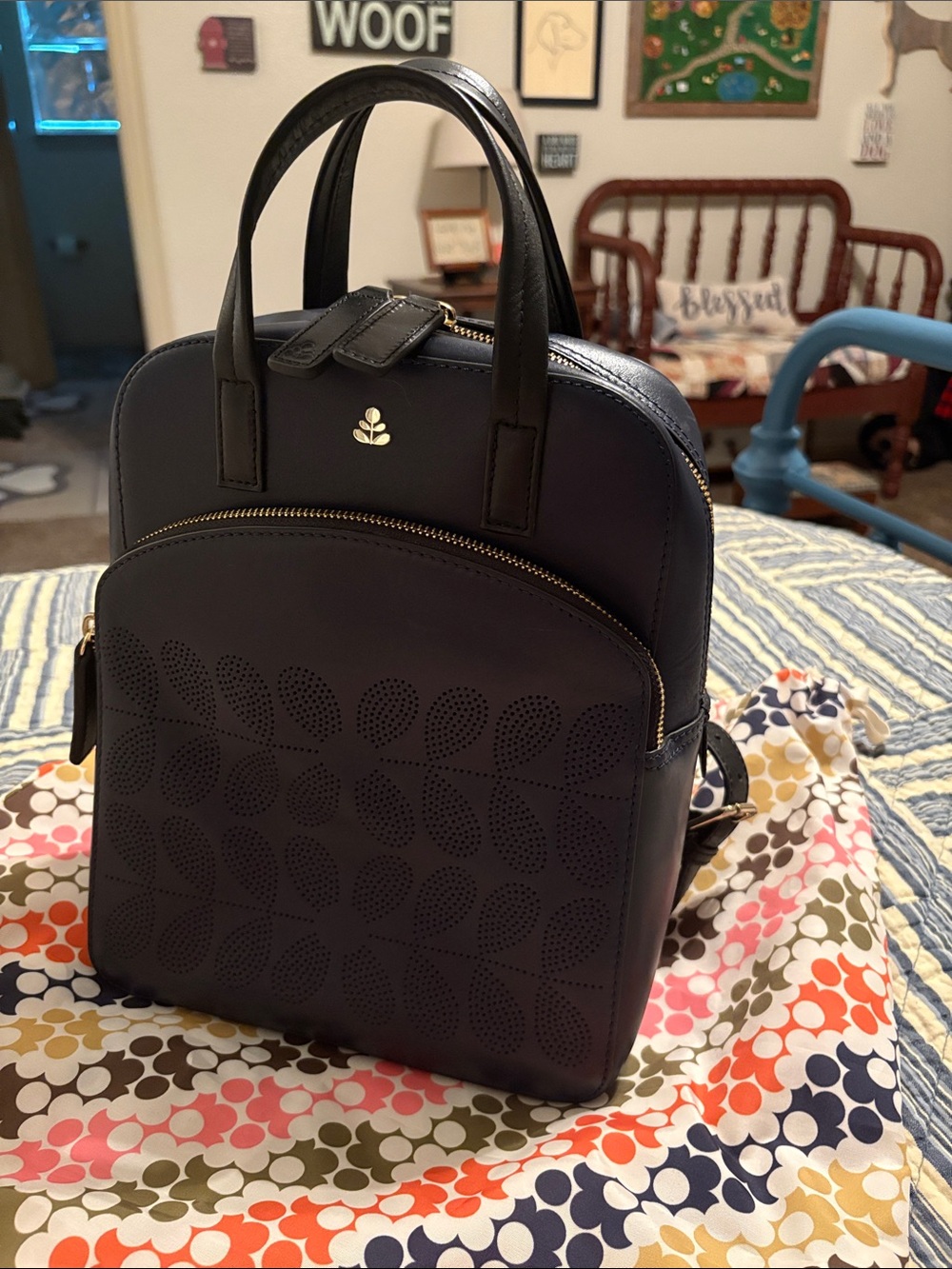 Orla Kiely Navy Perforated Leaf Leather Backpack
